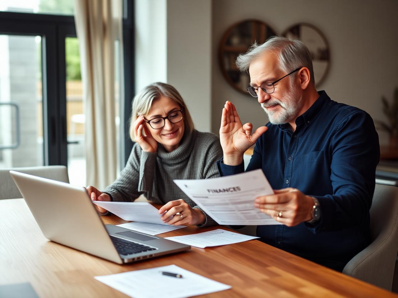 Couple reviewing finances at a dining table